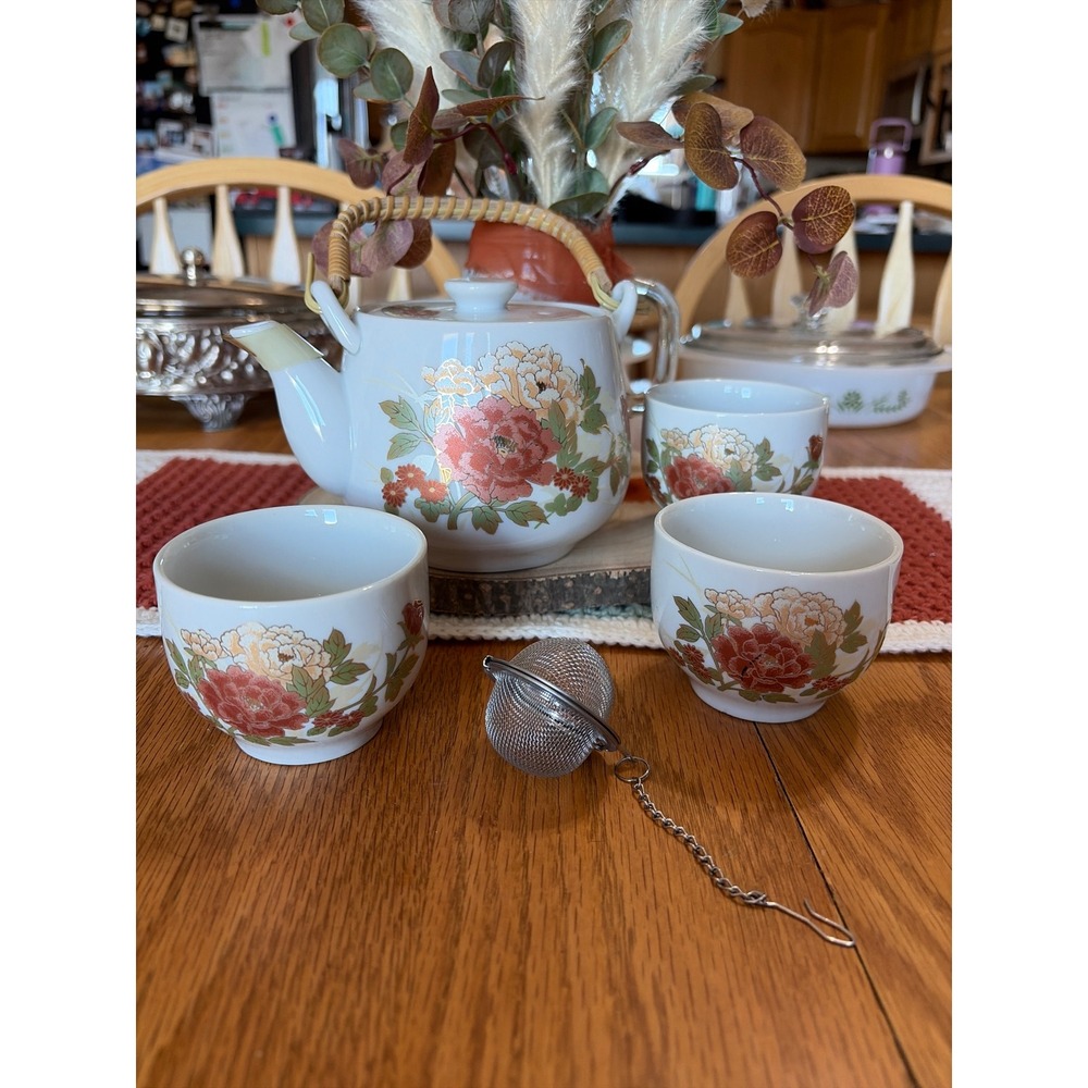 Vintage Japanese Porcelain Tea Set Floral Peony Gold Gilt Teapot 3 Cups Infuser